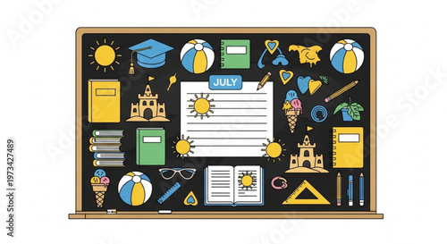 A colorful vector illustration of a blackboard filled with summer school supplies and icons