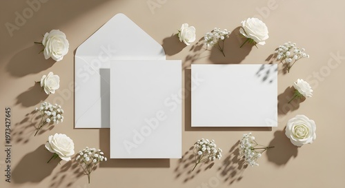 Flat lay of blank wedding invitation cards with white roses and babys breath flowers on a beige background, top view, copy space for text