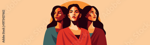 Vector abstract banner dedicated to Women's Day, feminism, unity. Strong women of different cultures, skin colors, nationalities look up together. Movements for gender equality, women's empowerment