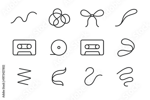 Cassette Icon Set. Cassette ribbon aesthetics. Line outline icon set of Cassette ribbon aesthetics: ribbon