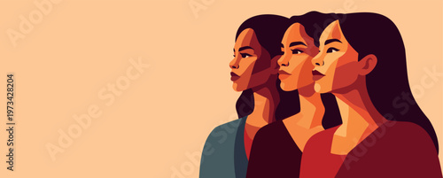 Vector abstract banner to Women's Day, feminism, unity. Strong women of different cultures, skin colors, nationalities together, looking forward. Movements for gender equality, women's empowerment