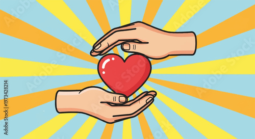 Vector hands holding heart, charity and love symbol, heart with hands, care and compassion icon, kindness illustration