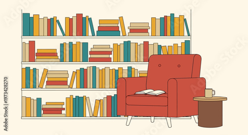 Cozy Reading Nook with Bookshelf and Armchair.