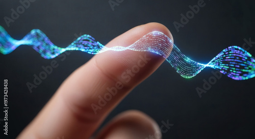 Abstract DNA helix flowing over a fingertip, symbolizing genetic research and scientific innovation in a dark environment
