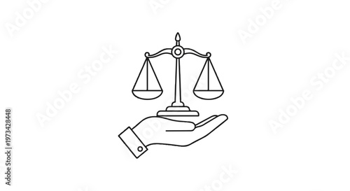 Justice, law, balance scale, hand, icon, symbol, illustration, line art, simple, minimalist, legal, fairness