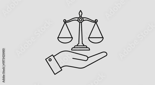 Justice, law, balance scale, hand, icon, symbol, vector