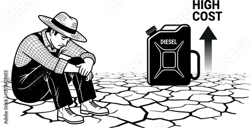 Farmer distressed on cracked soil with diesel pump and high cost arrow, fuel price.