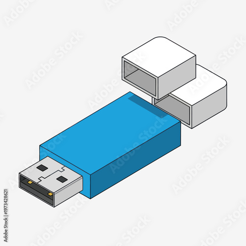 Blue USB Flash Drive with Detached White Cap Illustration.