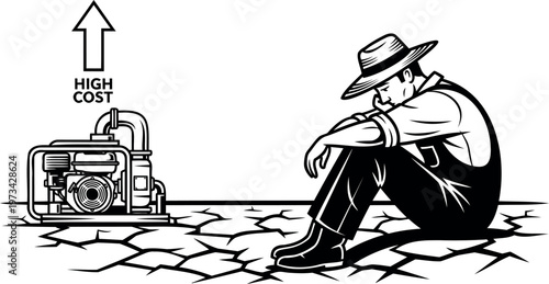 Farmer on cracked earth near water pump with high cost arrow, difficult farming.