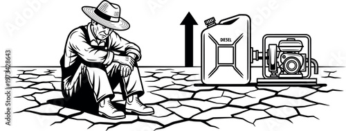 Farmer on dry ground near diesel pump and rising cost arrow, farming expenses.