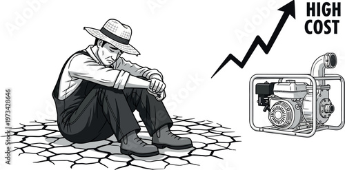 Farmer sad on dry land beside water pump with high cost arrow, agriculture worries.