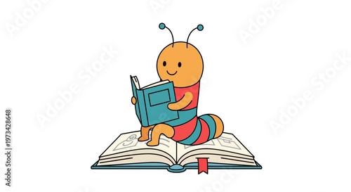 Cute Cartoon Bookworm Reading a Book.