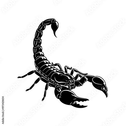 A detailed black illustration of a scorpion with its tail raised and claws open, isolated on a white background.