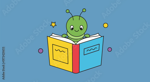 Cute Green Caterpillar Reading a Colorful Book.