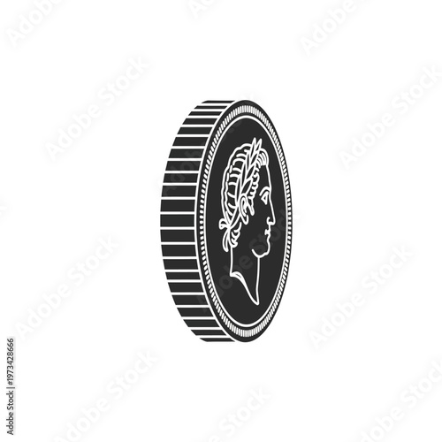 A black and white illustration of a coin with a profile of a person on it, isolated on a white background.