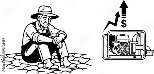 Farmer sitting on dry cracked ground with water pump and rising cost arrow.