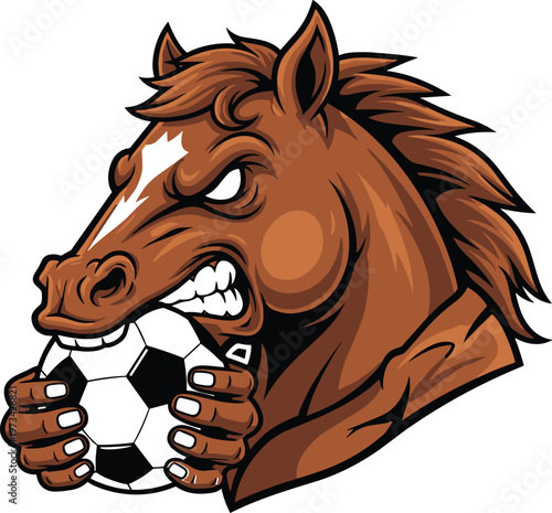 Angry horse mascot vector illustration biting a soccer ball with human hands isolated on white background for sports team branding and football club logos.