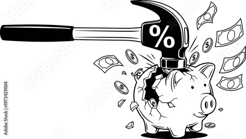 Broken piggy bank being smashed by hammer with percentage symbol representing inflation and financial crisis.