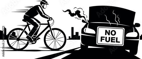 Fast cyclist riding past smoking car with no fuel sign in city street during gasoline shortage energy crisis.