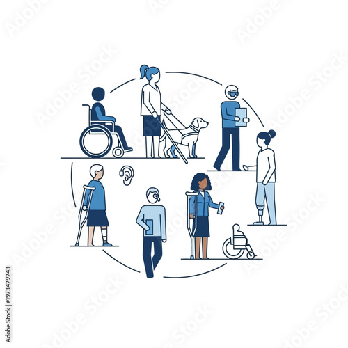 Diverse group of people with disabilities and assistive devices in a circular arrangement, symbolizing inclusion and support.