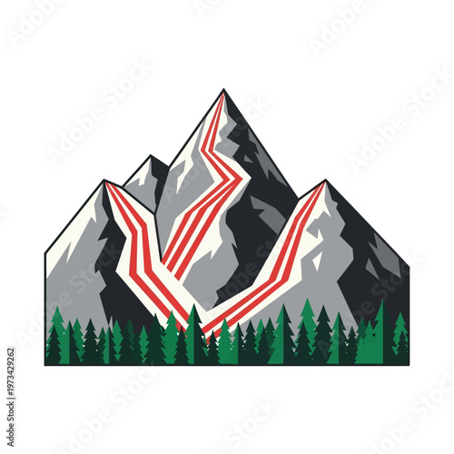 Stylized illustration of a mountain range with red ski slopes and evergreen trees.