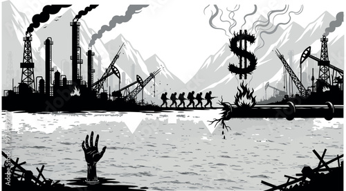 Industrial landscape with oil rigs and factories, showing environmental degradation and economic struggles.