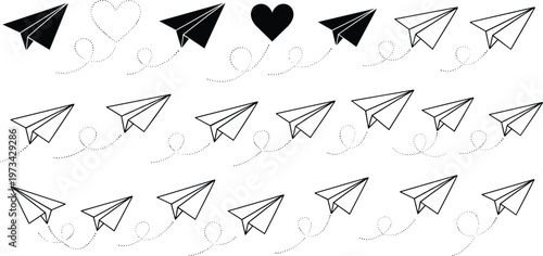 Seamless pattern of paper airplanes with dotted flight paths and heart shapes, minimalist black and white vector illustration for travel, love, communication, and creative design backgrounds