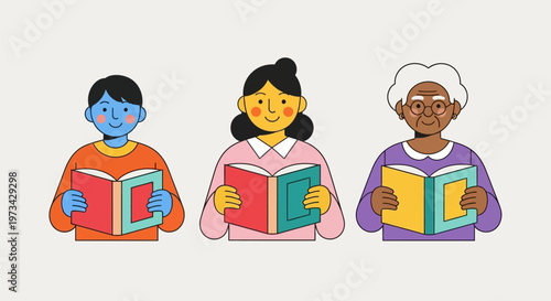 Diverse group of people reading books together, promoting literacy and learning.