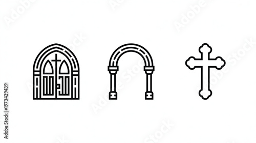 Christian Church Arches And Cross Icon Set For Religious Concepts