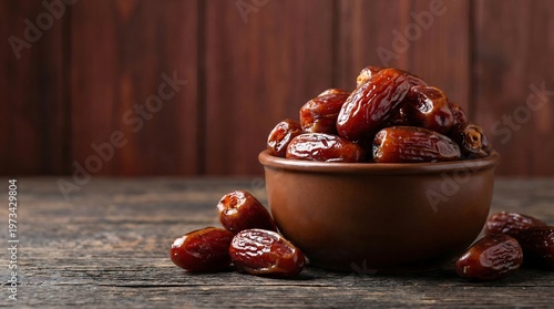 Dried date fruit in clay bowl, sweet organic dates on rustic wooden table, ramadan food concept