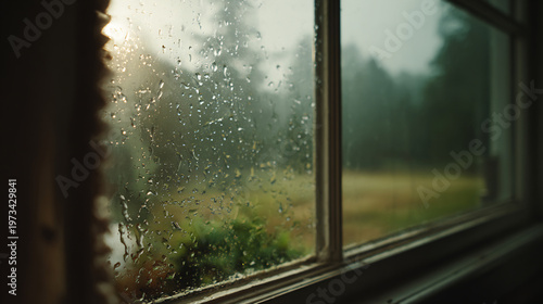 Raindrops on window glass with blurred misty forest and field view on a calm day.