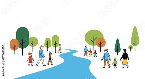Diverse people walking along a winding river with trees in a park setting.