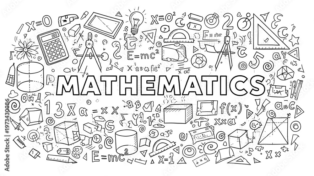 Fototapeta premium A black and white illustration of various mathematical symbols and objects on transparent background