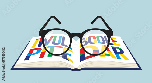 Eyeglasses resting on an open book with colorful letters.