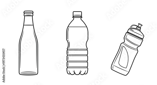 Three different types of beverage bottles, including glass, plastic, and a sports bottle, depicted in a clean line art style.