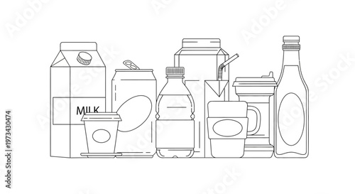 Line art illustration of various beverage containers including milk cartons, soda cans, plastic bottles, juice boxes, and coffee cups.