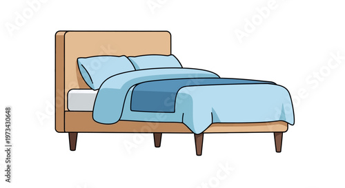 Bed with blue sheets and pillows.