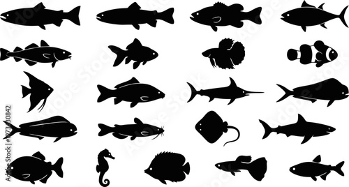 Mega collection of 20 freshwater and saltwater fish silhouettes solid black shapes vector