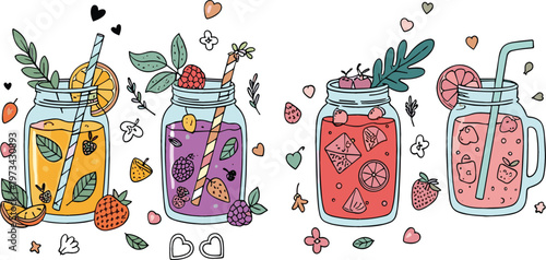 Set of Fresh Fruit Juices in Mason Jars with Berries, Citrus, and Mint Leaves