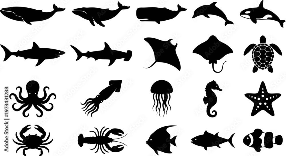 Fototapeta premium Mega collection of 20 ocean marine life silhouettes solid black shapes vector