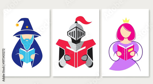 Fantasy characters reading books - wizard, knight, and princess.