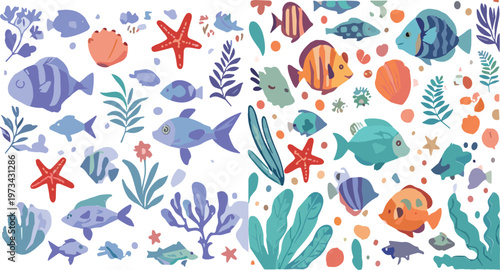Set of Colorful Ocean Life Icons Including Fish, Starfish, Coral, and Sea Plants for Websites, Apps, and Marine Design