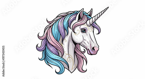 A detailed illustration of a white unicorn with a spiraled horn and flowing pastel colored mane