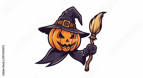 A grinning jack-o'-lantern wearing a witch hat and cloak, holding a broomstick