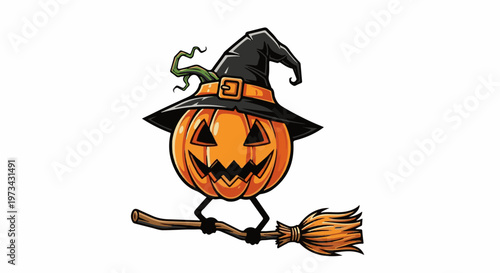 A smiling pumpkin wearing a witch's hat, joyfully rides a broomstick against a white background