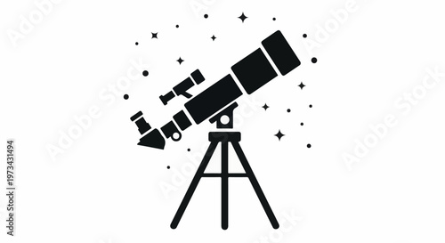 A stylized black silhouette of a telescope on a tripod is depicted against a white background, surrounded by scattered dots and stars