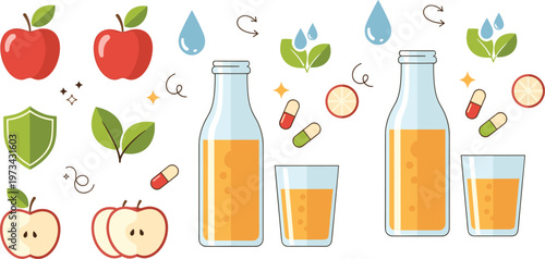Apple juice health concept set with fresh apples slices leaves vitamins and natural drink benefits vector illustration