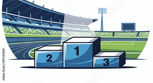 A sports stadium scene featuring a victory podium with numbered tiers and a soccer field