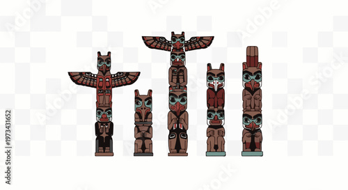Six intricately carved totem poles, adorned with animal figures and tribal motifs, stand in a lineup against a checkered background