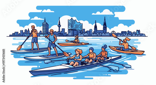 A group of people enjoy watersports with a city skyline in the background